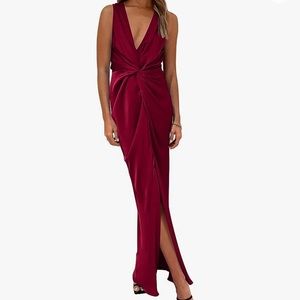 PRETTYGARDEN women’s satin ruched maxi dress sleeveless - wine red, Size L